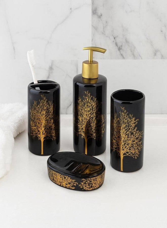 Whizzo Luxury Ceramic Bathroom Accessories Set - 4 Pcs | Black & Gold Tree Design | Soap Dispenser, Toothbrush Holder, Tumbler & Soap Dish | Elegant Bathroom Décor & Best Gifting Idea (BS-829, Black) - Image 2